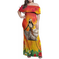 Woman Polynesian Tattoos Family Matching Off Shoulder Maxi Dress and Hawaiian Shirt Tropical Flower - Vibrant Hot Color LT03 Mom's Dress Vibrant Gradient - Polynesian Pride