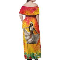 Woman Polynesian Tattoos Family Matching Off Shoulder Maxi Dress and Hawaiian Shirt Tropical Flower - Vibrant Hot Color LT03 - Polynesian Pride