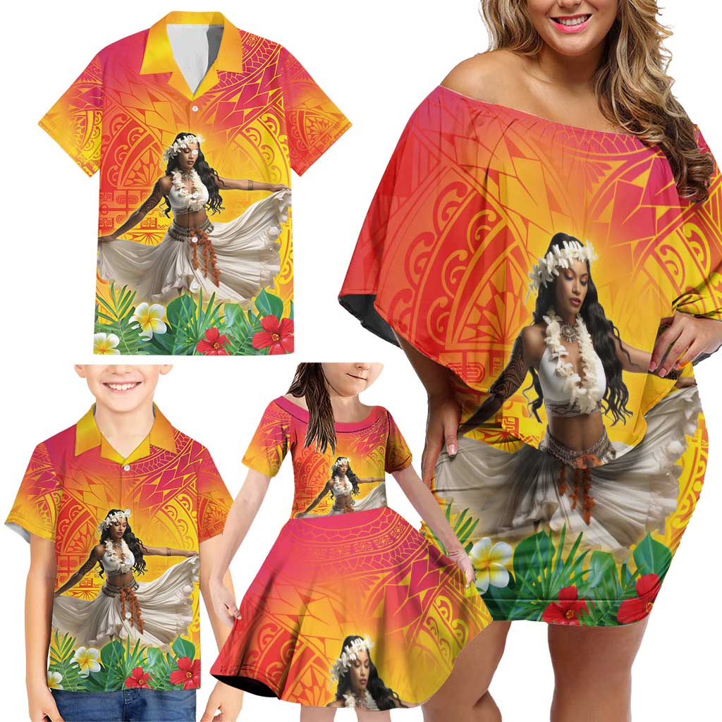 Woman Polynesian Tattoos Family Matching Off Shoulder Short Dress and Hawaiian Shirt Tropical Flower - Vibrant Hot Color LT03 - Polynesian Pride