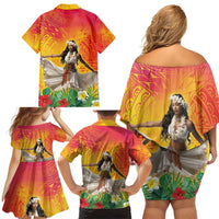 Woman Polynesian Tattoos Family Matching Off Shoulder Short Dress and Hawaiian Shirt Tropical Flower - Vibrant Hot Color LT03 - Polynesian Pride