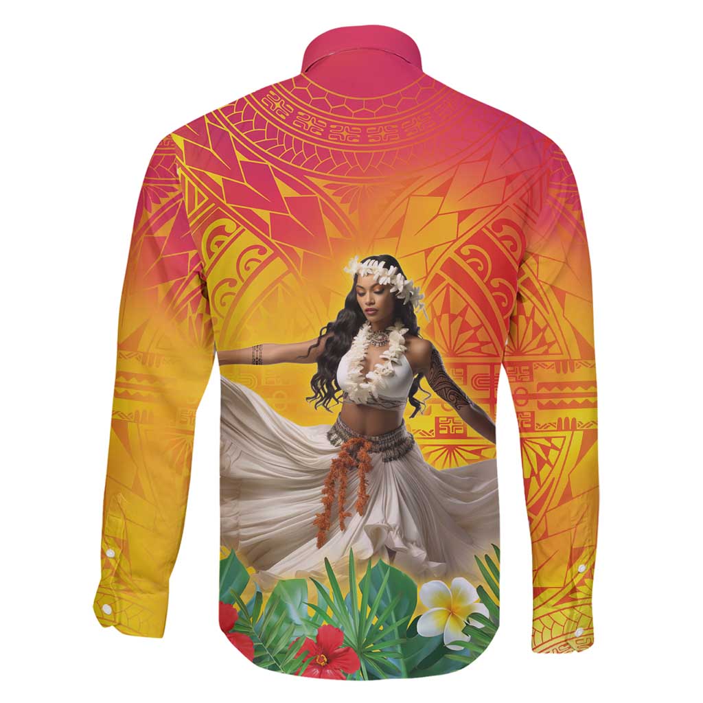 Woman Polynesian Tattoos Family Matching Off Shoulder Short Dress and Hawaiian Shirt Tropical Flower - Vibrant Hot Color LT03 - Polynesian Pride