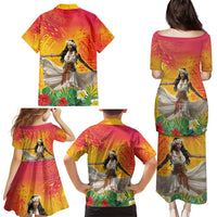 Woman Polynesian Tattoos Family Matching Puletasi and Hawaiian Shirt Tropical Flower - Vibrant Hot Color LT03 - Polynesian Pride