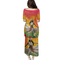 Woman Polynesian Tattoos Family Matching Puletasi and Hawaiian Shirt Tropical Flower - Vibrant Hot Color LT03 - Polynesian Pride