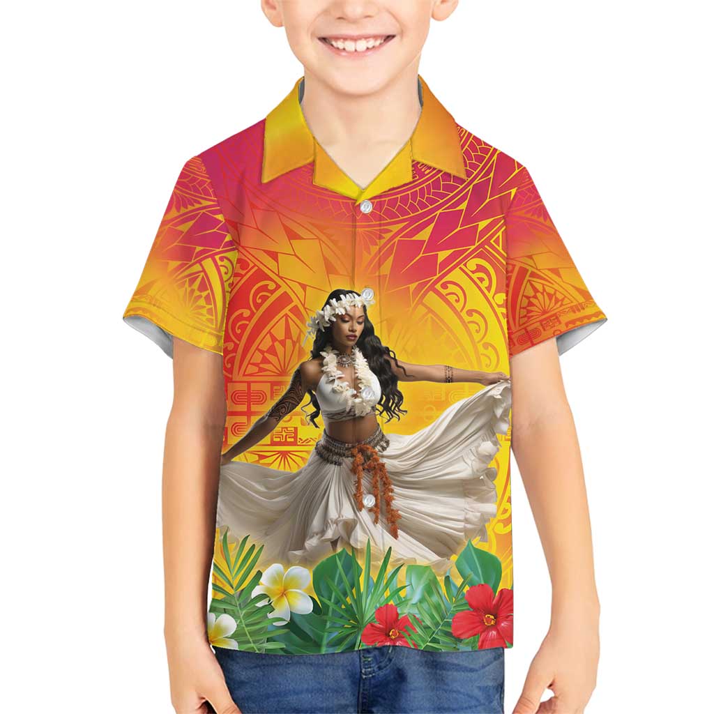 Woman Polynesian Tattoos Family Matching Puletasi and Hawaiian Shirt Tropical Flower - Vibrant Hot Color LT03 Son's Shirt Vibrant Gradient - Polynesian Pride