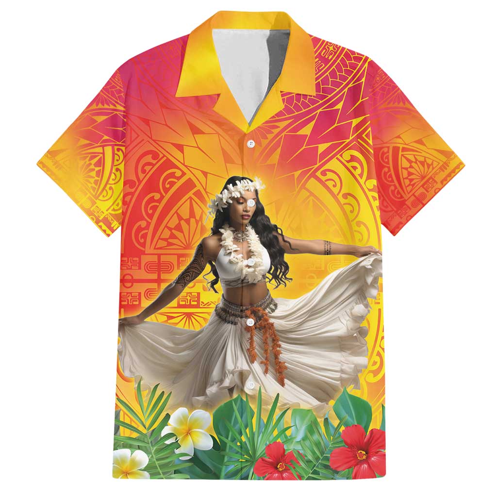 Woman Polynesian Tattoos Family Matching Summer Maxi Dress and Hawaiian Shirt Tropical Flower - Vibrant Hot Color LT03 Dad's Shirt - Short Sleeve Vibrant Gradient - Polynesian Pride