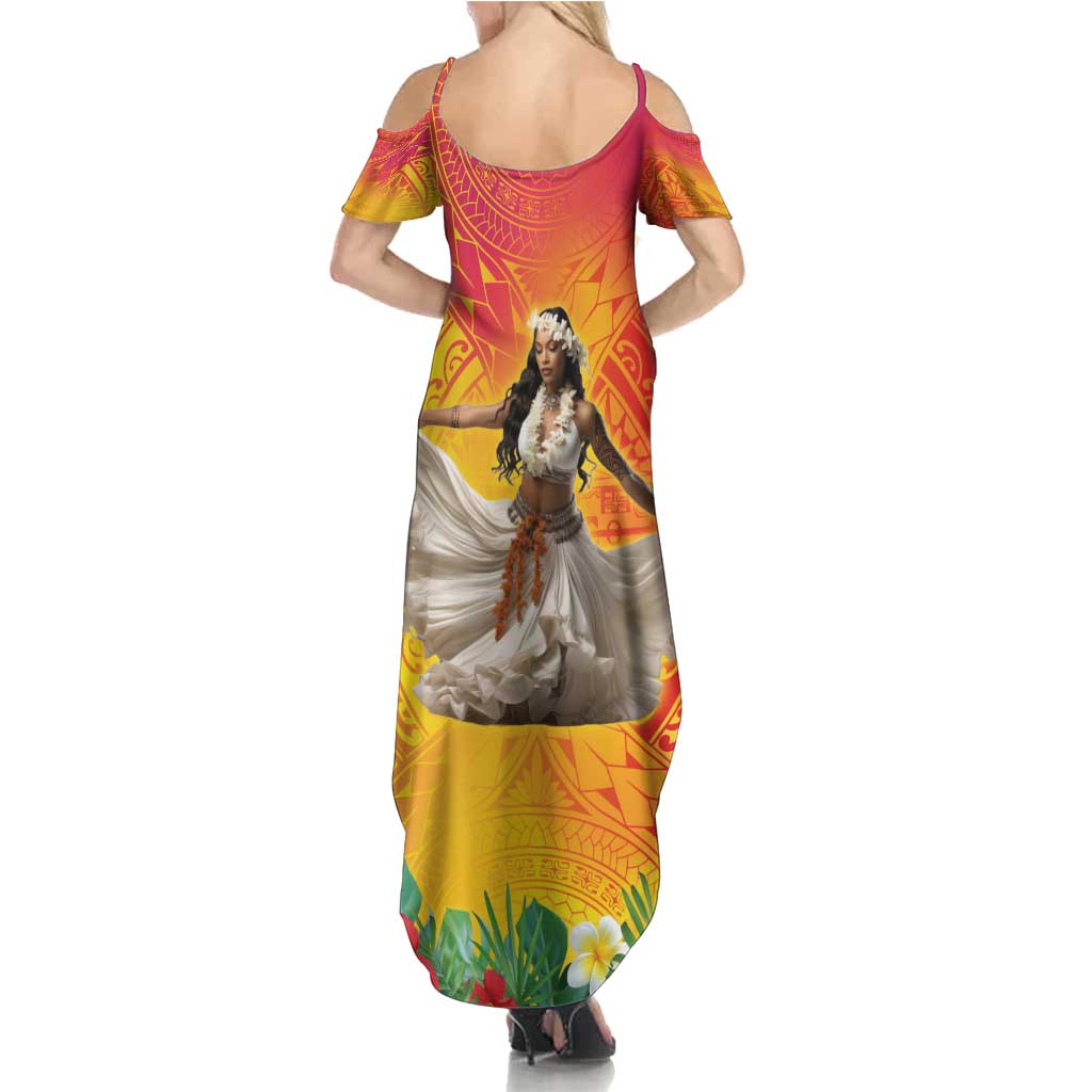 Woman Polynesian Tattoos Family Matching Summer Maxi Dress and Hawaiian Shirt Tropical Flower - Vibrant Hot Color LT03 - Polynesian Pride