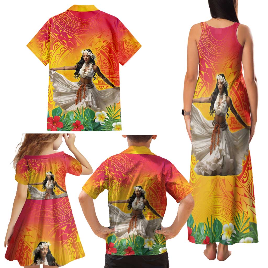 Woman Polynesian Tattoos Family Matching Tank Maxi Dress and Hawaiian Shirt Tropical Flower - Vibrant Hot Color LT03 - Polynesian Pride