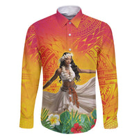 Woman Polynesian Tattoos Family Matching Tank Maxi Dress and Hawaiian Shirt Tropical Flower - Vibrant Hot Color LT03 Dad's Shirt - Long Sleeve Vibrant Gradient - Polynesian Pride