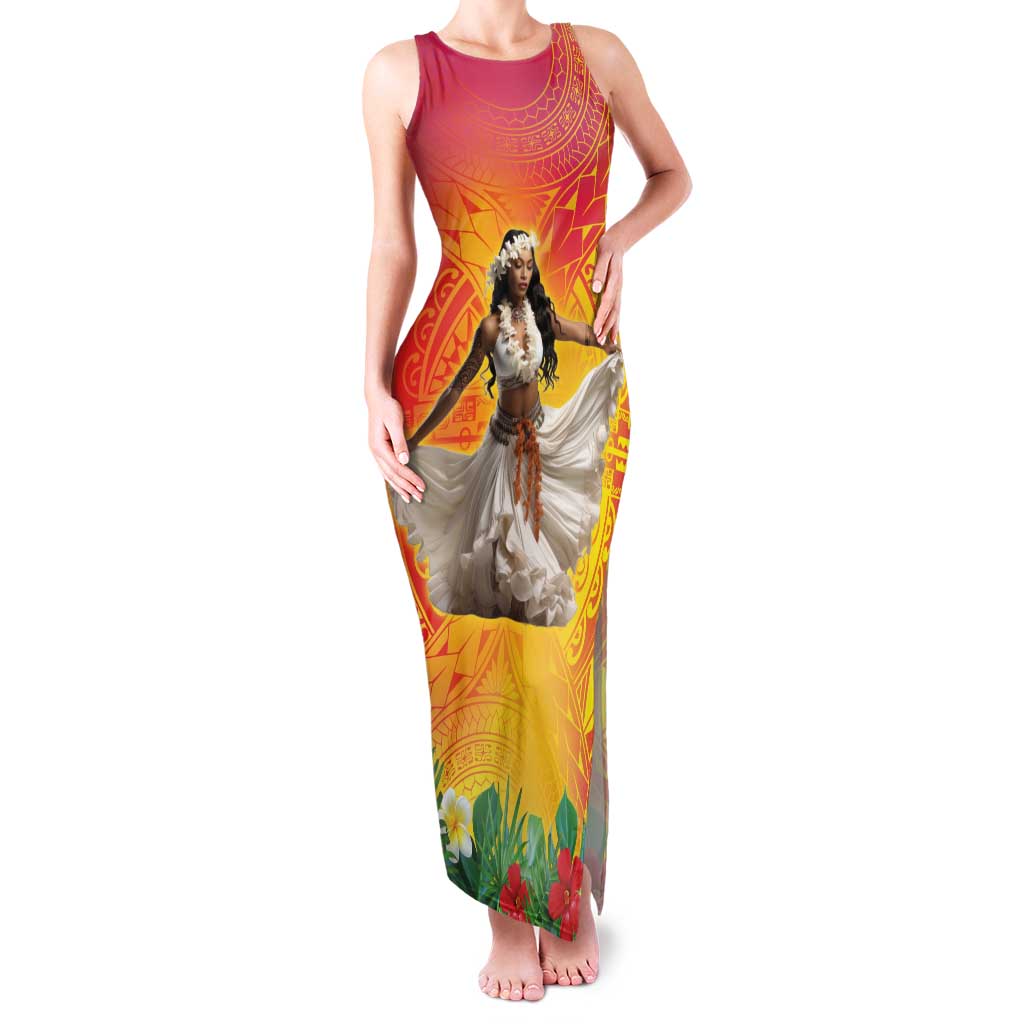 Woman Polynesian Tattoos Family Matching Tank Maxi Dress and Hawaiian Shirt Tropical Flower - Vibrant Hot Color LT03 Mom's Dress Vibrant Gradient - Polynesian Pride