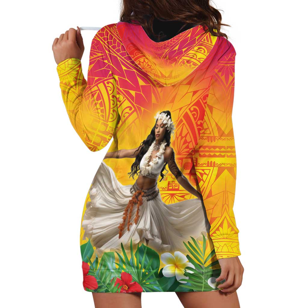 Woman Polynesian Tattoos Hoodie Dress Tropical Flower - Vibrant Hot Color LT03 - Polynesian Pride