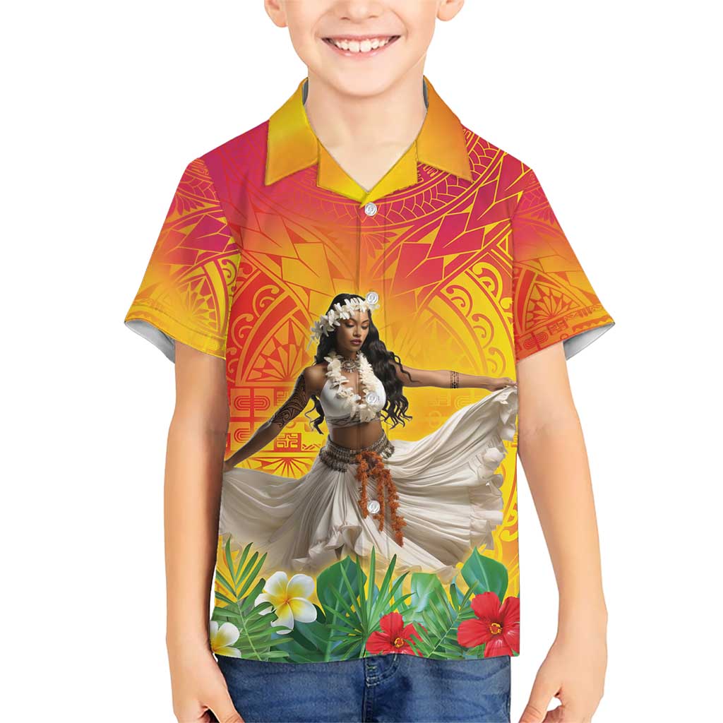 Woman Polynesian Tattoos Kid Hawaiian Shirt Tropical Flower - Vibrant Hot Color LT03 Kid Vibrant Gradient - Polynesian Pride