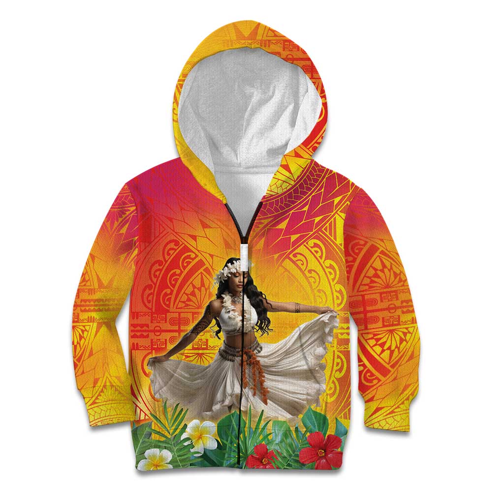 Woman Polynesian Tattoos Kid Hoodie Tropical Flower - Vibrant Hot Color LT03 Zip Hoodie Vibrant Gradient - Polynesian Pride
