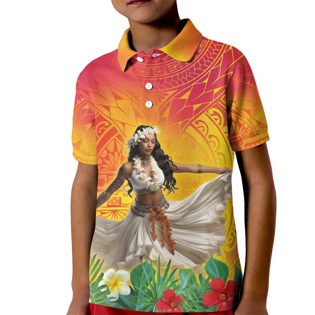 Woman Polynesian Tattoos Kid Polo Shirt Tropical Flower - Vibrant Hot Color LT03 Kid Vibrant Gradient - Polynesian Pride