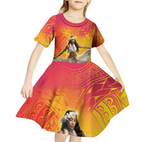 Woman Polynesian Tattoos Kid Short Sleeve Dress Tropical Flower - Vibrant Hot Color LT03 - Polynesian Pride