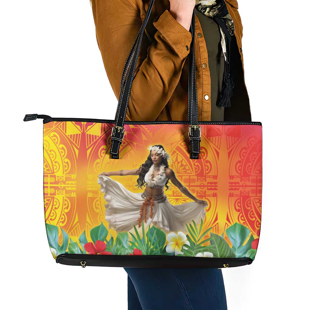 Woman Polynesian Tattoos Leather Tote Bag Tropical Flower - Vibrant Hot Color