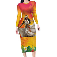Woman Polynesian Tattoos Long Sleeve Bodycon Dress Tropical Flower - Vibrant Hot Color LT03 Long Dress Vibrant Gradient - Polynesian Pride
