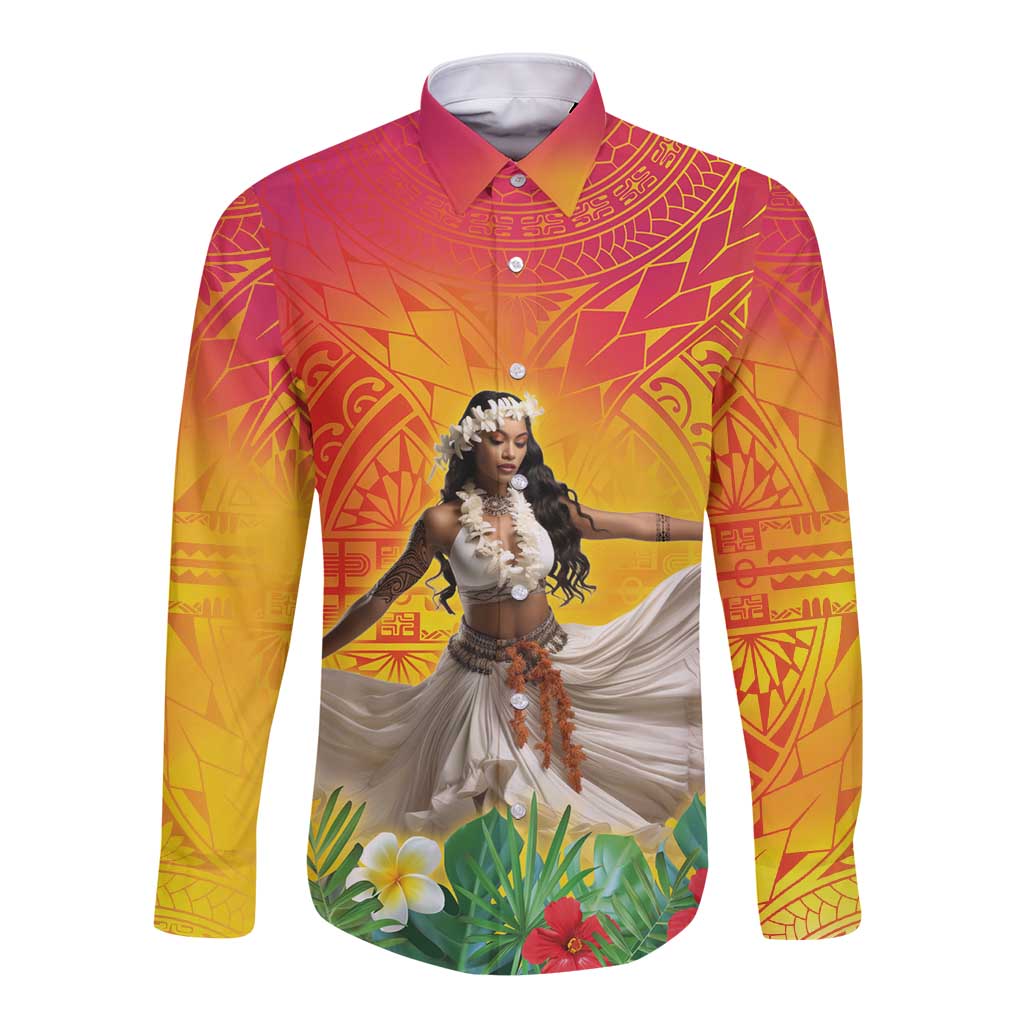 Woman Polynesian Tattoos Long Sleeve Button Shirt Tropical Flower - Vibrant Hot Color LT03 Unisex Vibrant Gradient - Polynesian Pride