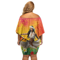 Woman Polynesian Tattoos Off Shoulder Short Dress Tropical Flower - Vibrant Hot Color LT03 - Polynesian Pride