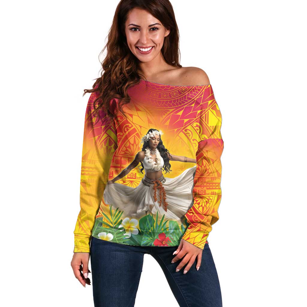 Woman Polynesian Tattoos Off Shoulder Sweater Tropical Flower - Vibrant Hot Color LT03 Women Vibrant Gradient - Polynesian Pride