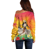 Woman Polynesian Tattoos Off Shoulder Sweater Tropical Flower - Vibrant Hot Color LT03 - Polynesian Pride
