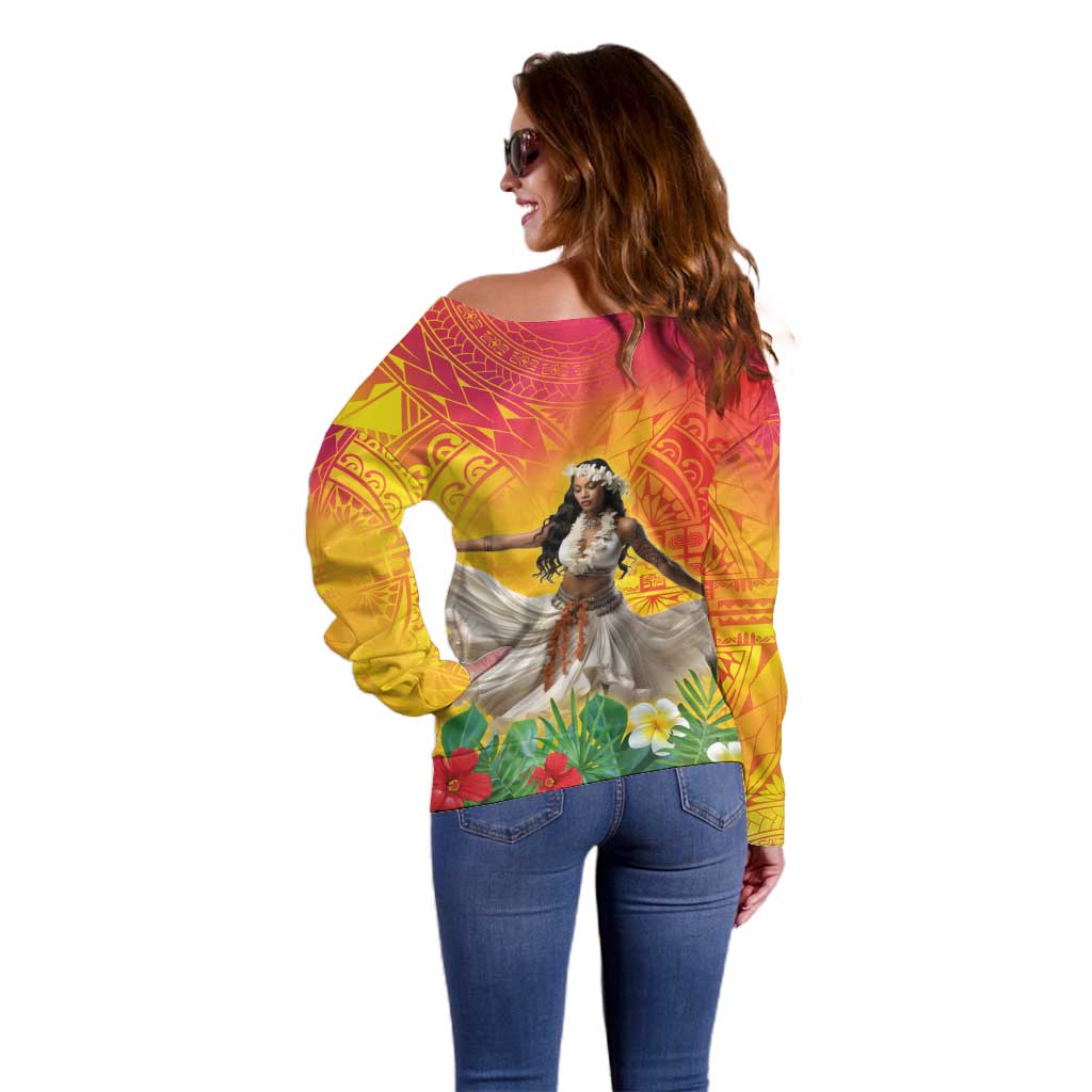 Woman Polynesian Tattoos Off Shoulder Sweater Tropical Flower - Vibrant Hot Color LT03 - Polynesian Pride