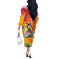 Woman Polynesian Tattoos Off The Shoulder Long Sleeve Dress Tropical Flower - Vibrant Hot Color LT03 - Polynesian Pride