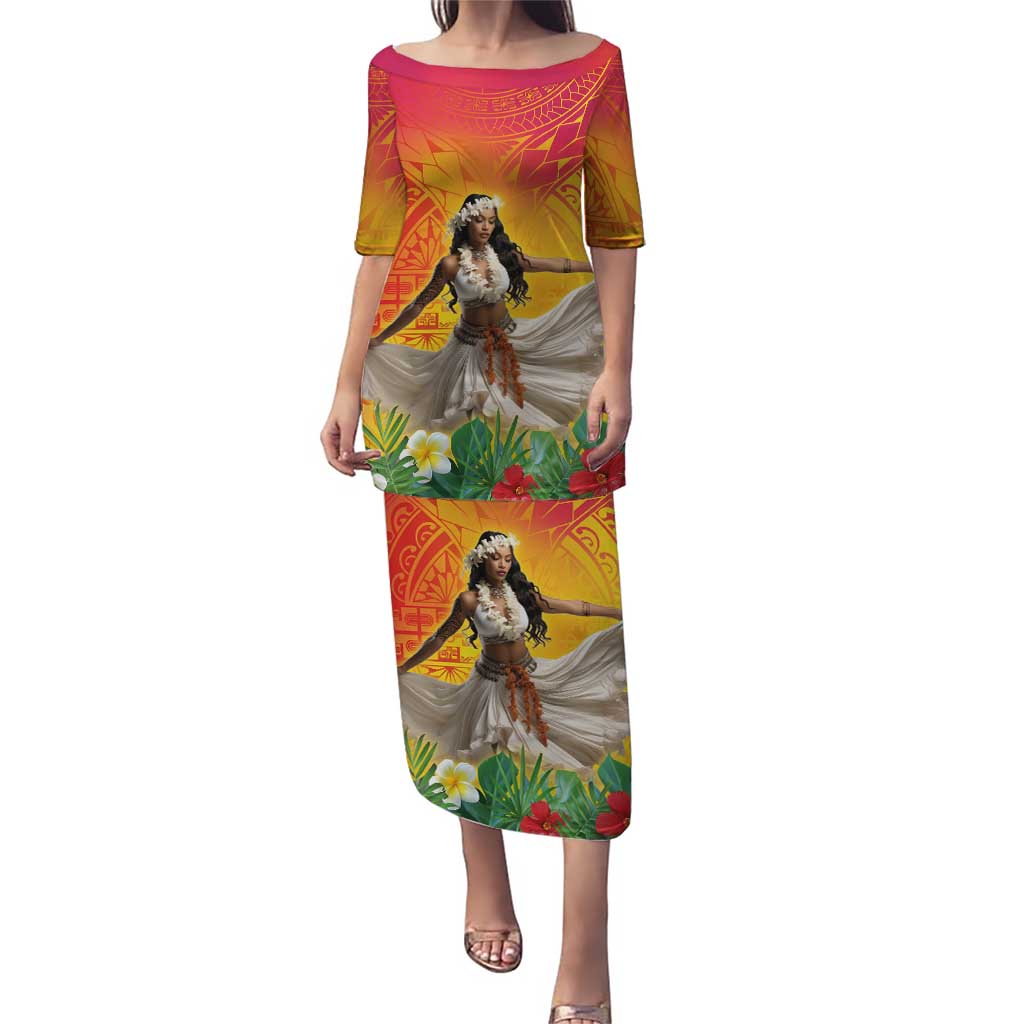Woman Polynesian Tattoos Puletasi Tropical Flower - Vibrant Hot Color LT03 Long Dress Vibrant Gradient - Polynesian Pride