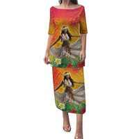Woman Polynesian Tattoos Puletasi Tropical Flower - Vibrant Hot Color LT03 Long Dress Vibrant Gradient - Polynesian Pride