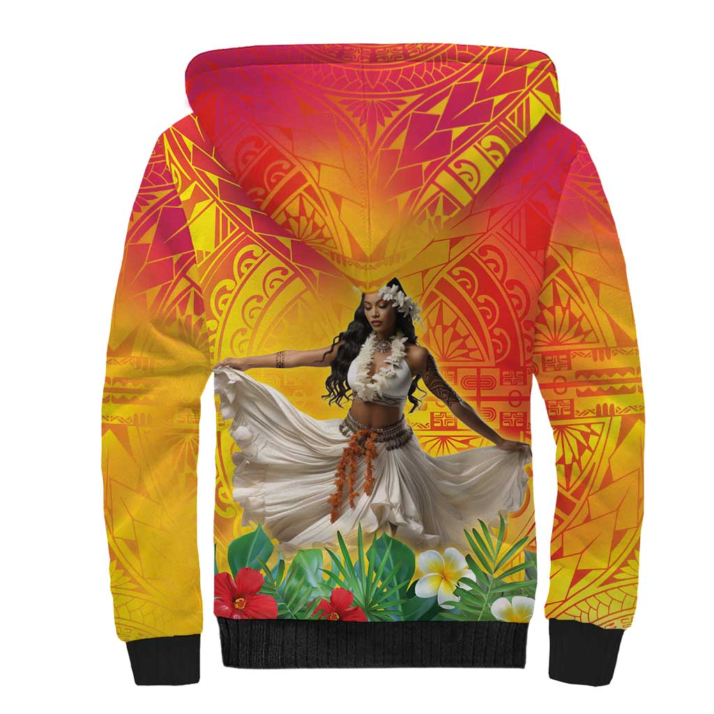 Woman Polynesian Tattoos Sherpa Hoodie Tropical Flower - Vibrant Hot Color LT03 - Polynesian Pride