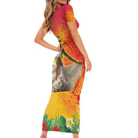 Woman Polynesian Tattoos Short Sleeve Bodycon Dress Tropical Flower - Vibrant Hot Color LT03 - Polynesian Pride