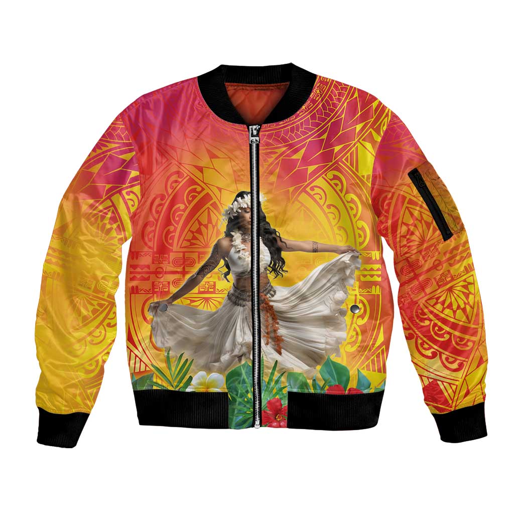 Woman Polynesian Tattoos Sleeve Zip Bomber Jacket Tropical Flower - Vibrant Hot Color LT03 Unisex Vibrant Gradient - Polynesian Pride