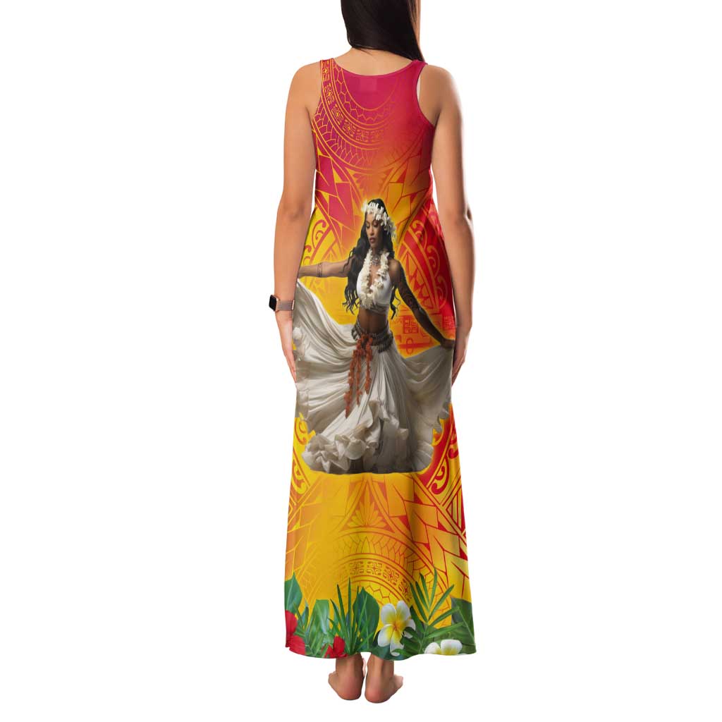Woman Polynesian Tattoos Tank Maxi Dress Tropical Flower - Vibrant Hot Color LT03 - Polynesian Pride