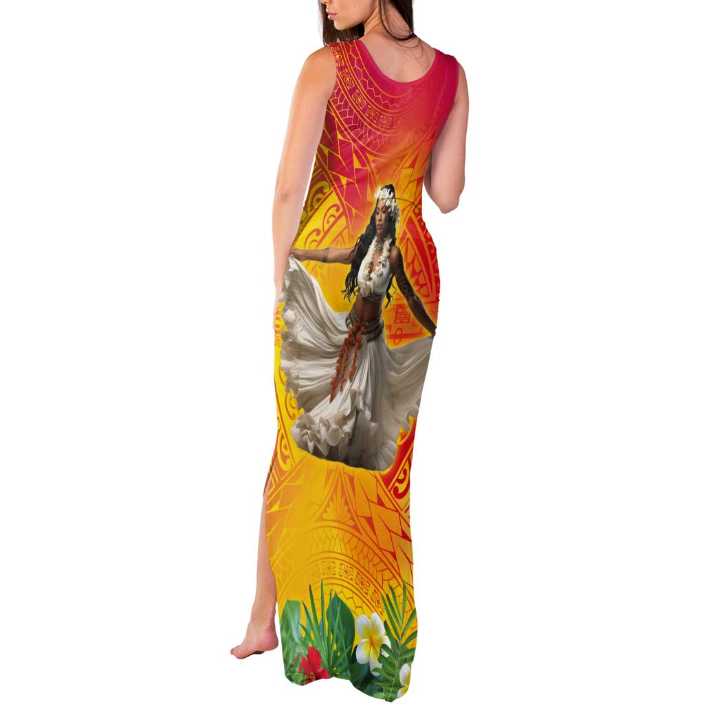Woman Polynesian Tattoos Tank Maxi Dress Tropical Flower - Vibrant Hot Color LT03 - Polynesian Pride