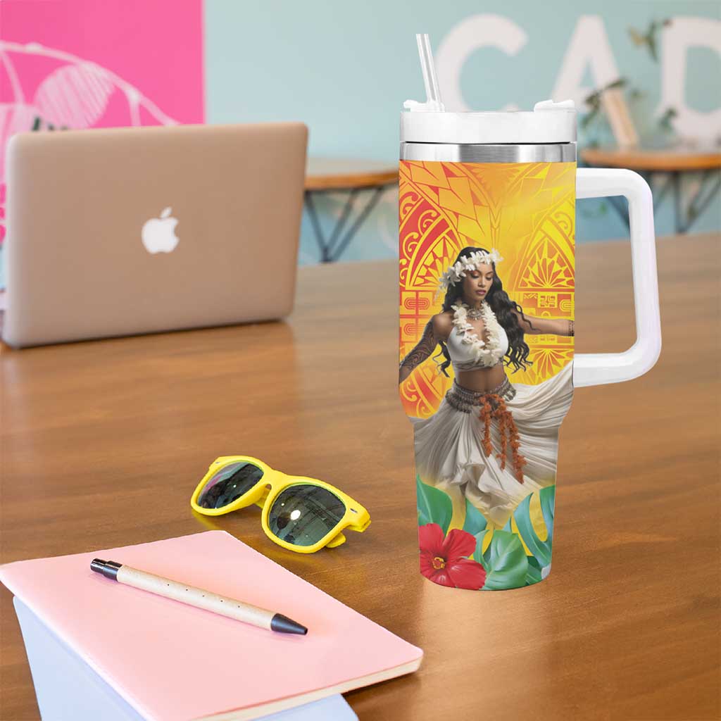 Woman Polynesian Tattoos Tumbler With Handle Tropical Flower - Vibrant Hot Color