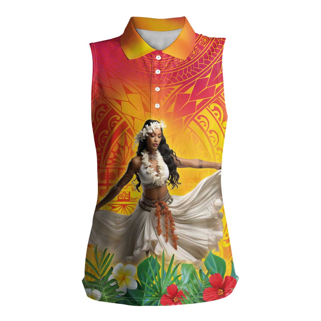 Woman Polynesian Tattoos Women Sleeveless Polo Shirt Tropical Flower - Vibrant Hot Color LT03 Female Vibrant Gradient - Polynesian Pride