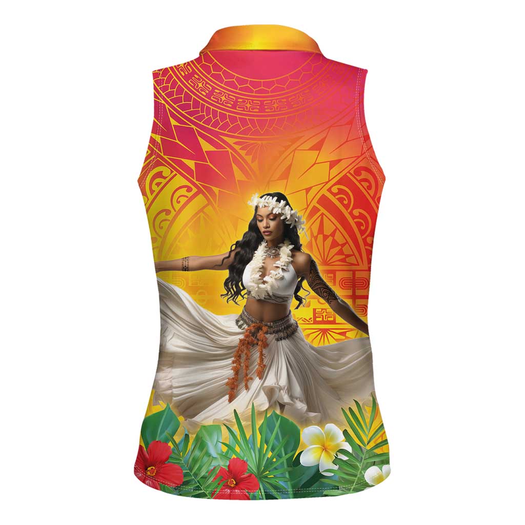Woman Polynesian Tattoos Women Sleeveless Polo Shirt Tropical Flower - Vibrant Hot Color LT03 - Polynesian Pride