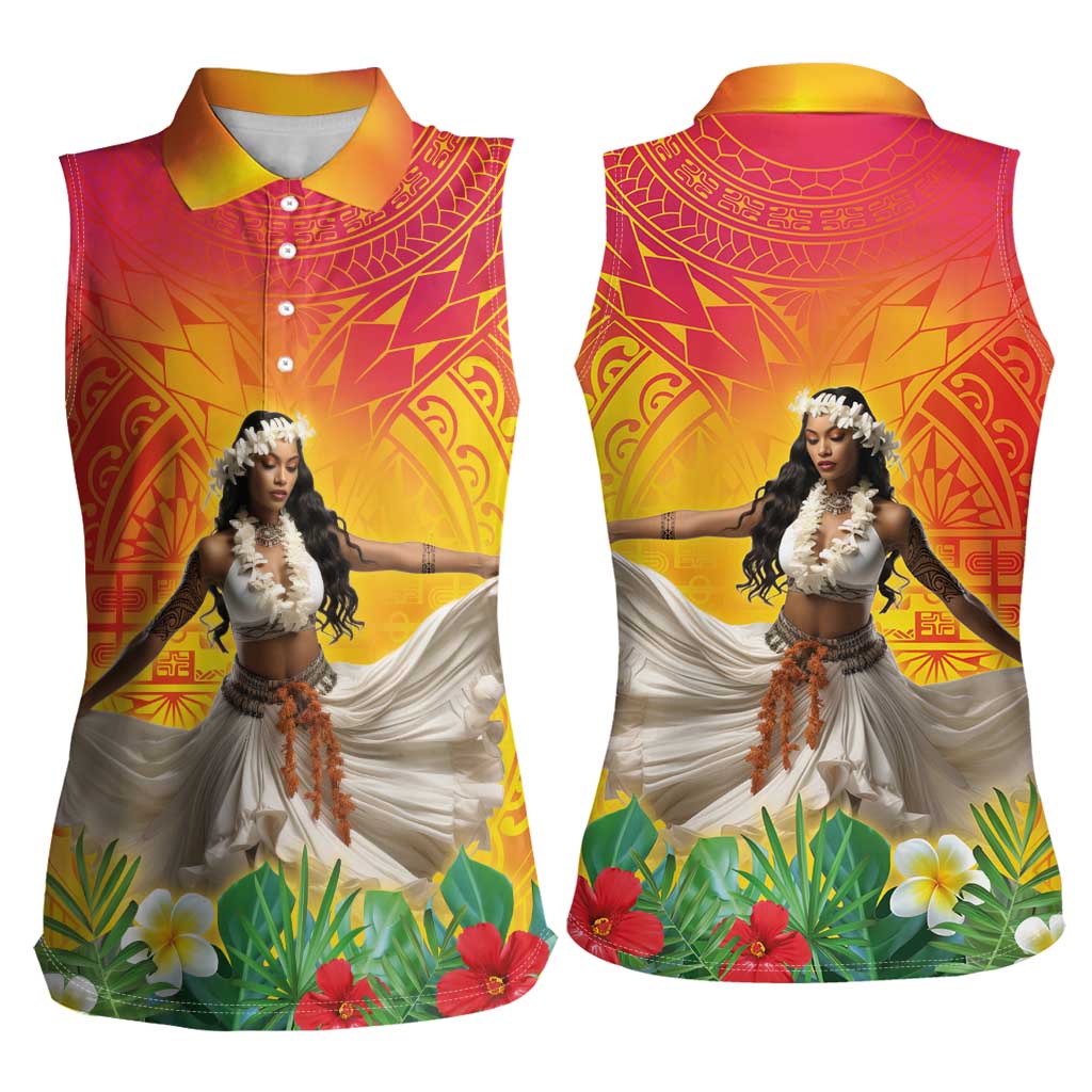 Woman Polynesian Tattoos Women Sleeveless Polo Shirt Tropical Flower - Vibrant Hot Color LT03 - Polynesian Pride