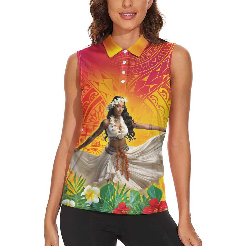 Woman Polynesian Tattoos Women Sleeveless Polo Shirt Tropical Flower - Vibrant Hot Color LT03 - Polynesian Pride
