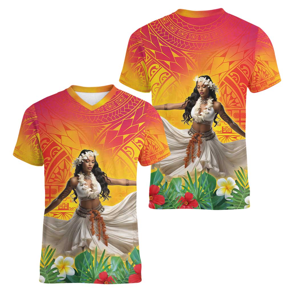 Woman Polynesian Tattoos Women V-Neck T-Shirt Tropical Flower - Vibrant Hot Color LT03 - Polynesian Pride