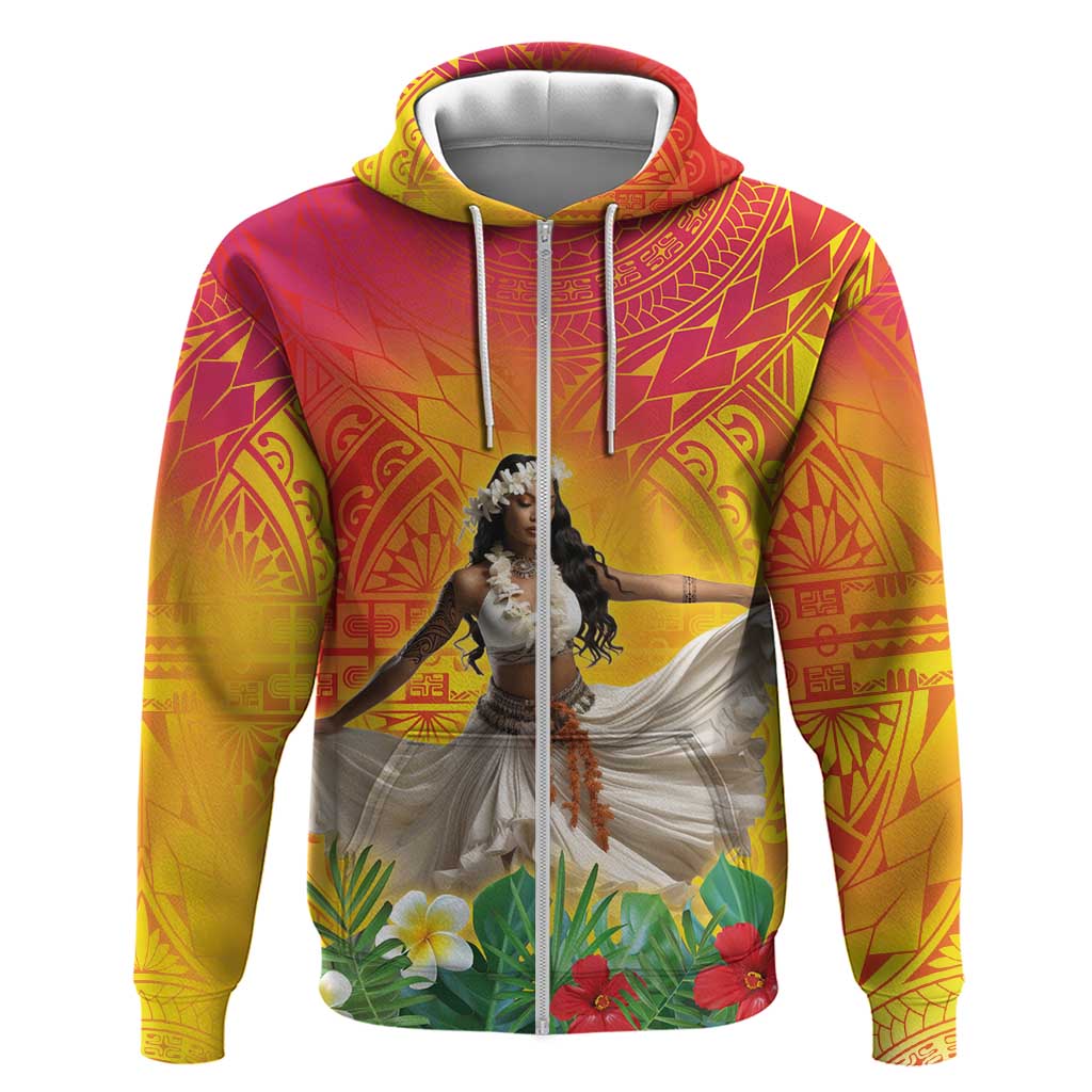 Woman Polynesian Tattoos Zip Hoodie Tropical Flower - Vibrant Hot Color LT03 Zip Hoodie Vibrant Gradient - Polynesian Pride
