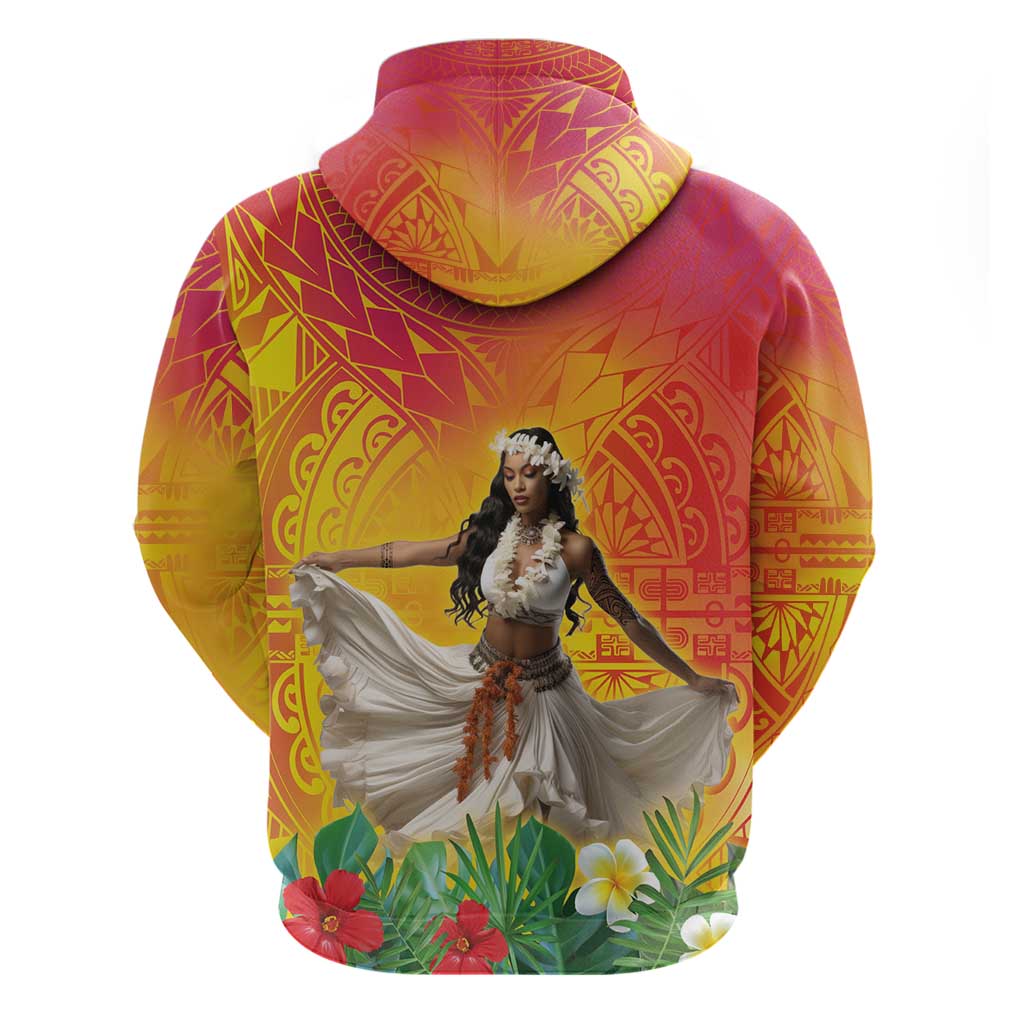 Woman Polynesian Tattoos Zip Hoodie Tropical Flower - Vibrant Hot Color LT03 - Polynesian Pride