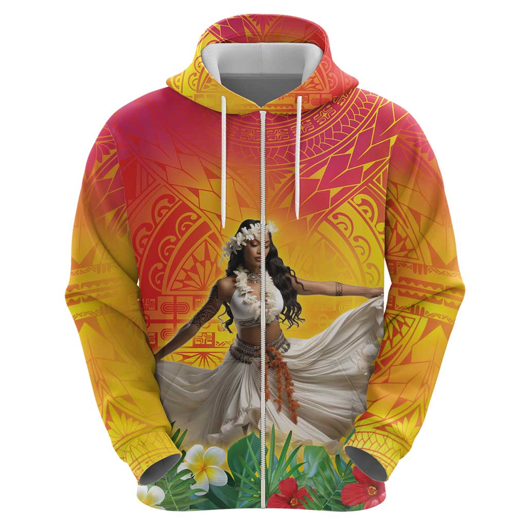 Woman Polynesian Tattoos Zip Hoodie Tropical Flower - Vibrant Hot Color LT03 - Polynesian Pride