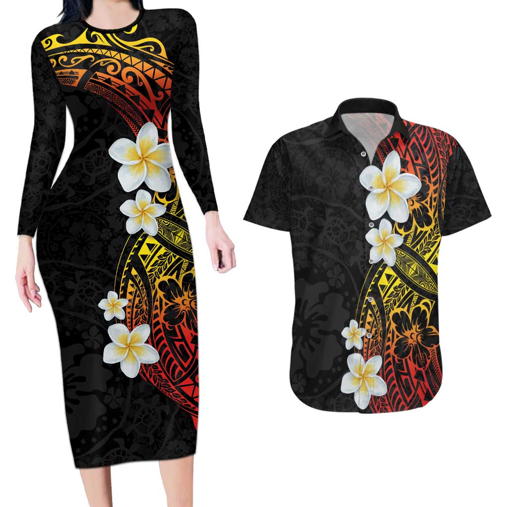 Plumeria Couples Matching Long Sleeve Bodycon Dress and Hawaiian Shirt Polynesian Tribal Frangipani Sunset LT03 Black - Polynesian Pride