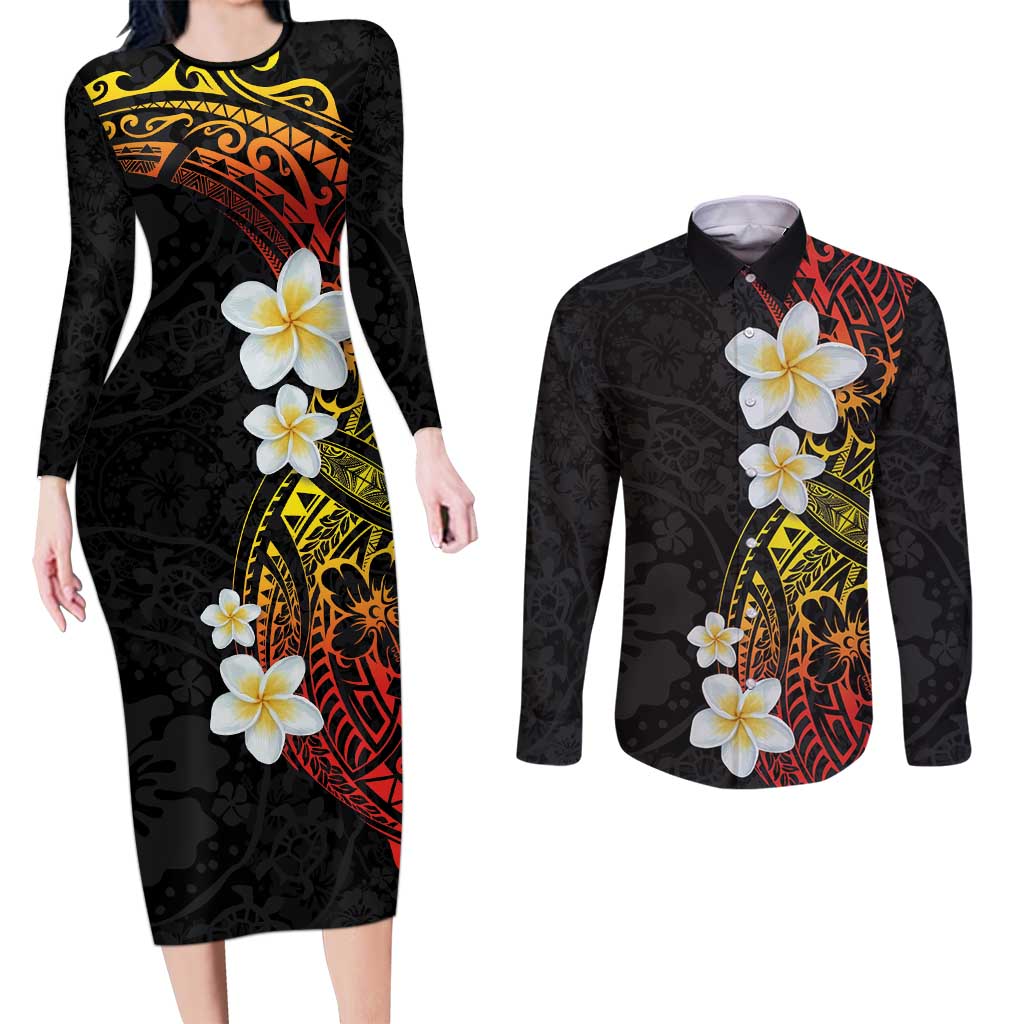 Plumeria Couples Matching Long Sleeve Bodycon Dress and Long Sleeve Button Shirt Polynesian Tribal Frangipani Sunset LT03 Black - Polynesian Pride
