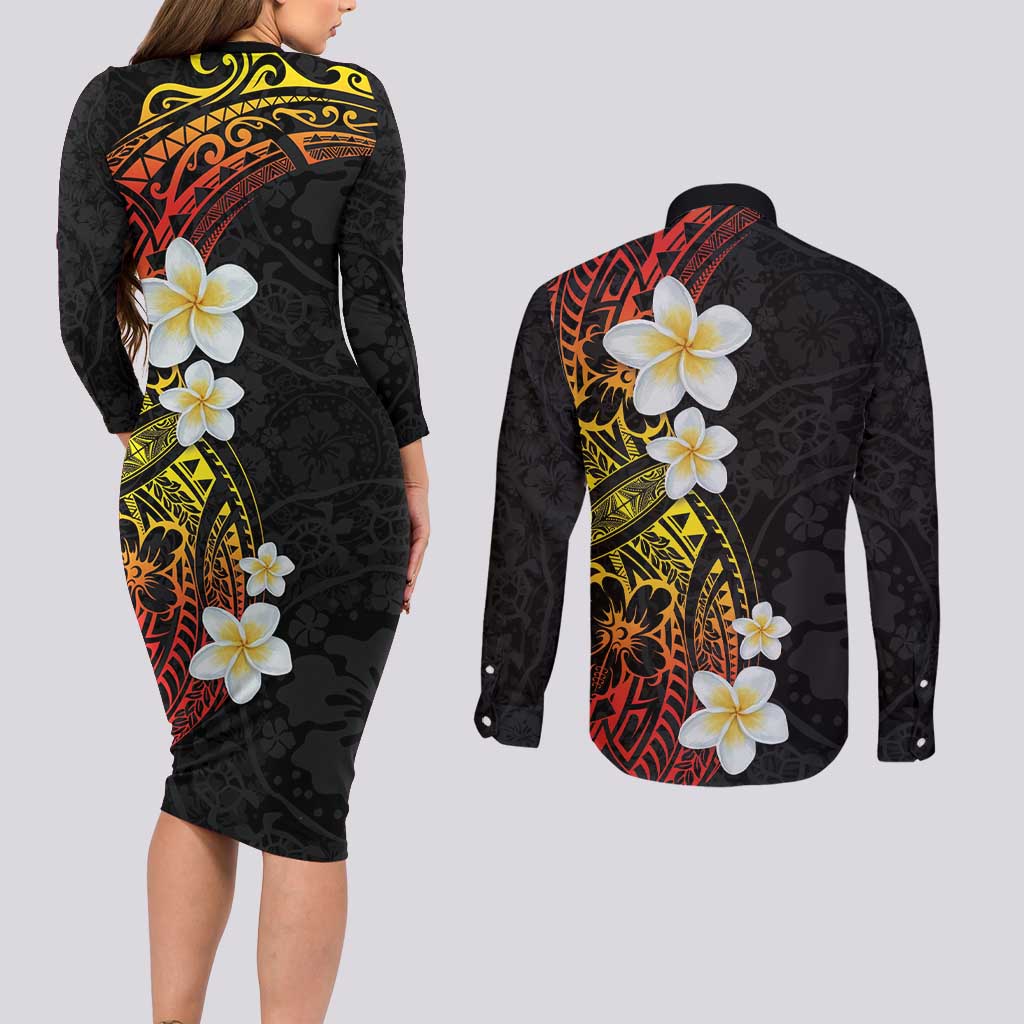Plumeria Couples Matching Long Sleeve Bodycon Dress and Long Sleeve Button Shirt Polynesian Tribal Frangipani Sunset LT03 - Polynesian Pride
