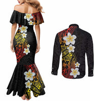 Plumeria Couples Matching Mermaid Dress and Long Sleeve Button Shirt Polynesian Tribal Frangipani Sunset LT03 - Polynesian Pride