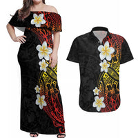 Plumeria Couples Matching Off Shoulder Maxi Dress and Hawaiian Shirt Polynesian Tribal Frangipani Sunset LT03 Black - Polynesian Pride