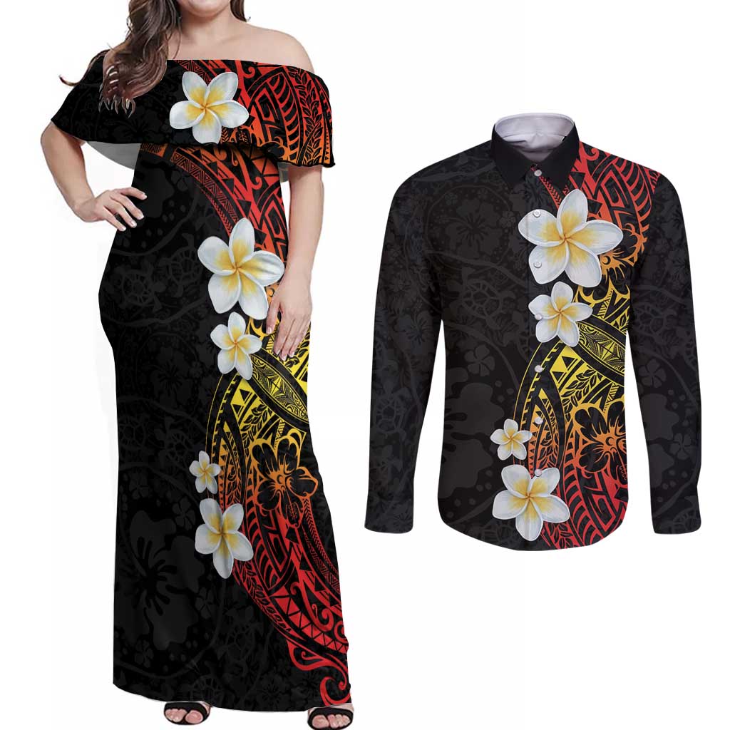 Plumeria Couples Matching Off Shoulder Maxi Dress and Long Sleeve Button Shirt Polynesian Tribal Frangipani Sunset LT03 Black - Polynesian Pride