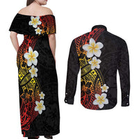 Plumeria Couples Matching Off Shoulder Maxi Dress and Long Sleeve Button Shirt Polynesian Tribal Frangipani Sunset LT03 - Polynesian Pride