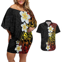 Plumeria Couples Matching Off Shoulder Short Dress and Hawaiian Shirt Polynesian Tribal Frangipani Sunset LT03 Black - Polynesian Pride